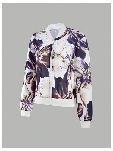 OYOANGLE Women's Floral Print Baseball Collar Bomber Jacket Long Sleeve Zip Up Coat Outerwear4