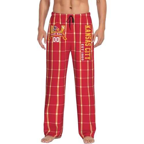 Custom Men's Plaid Pajama Pants Personalized Name Number Lightweight Comfy Lounge Pants with Pockets & Drawstring