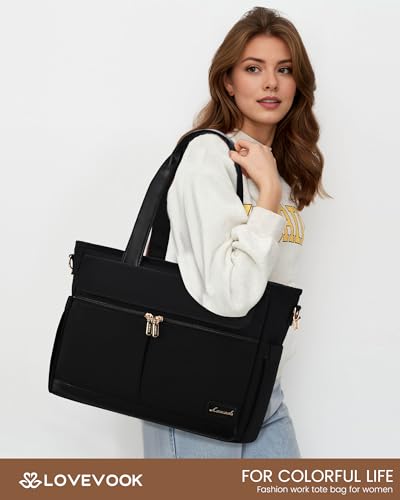 Image of LOVEVOOK Upgrade Version Work Bags for Women 15.6 Inch Laptop Bag Large Capacity Mutiple Pockets Teacher Bag Water Resistant Canvas Tote Bag Purse for Office Travel College Nurse Teacher, Black
