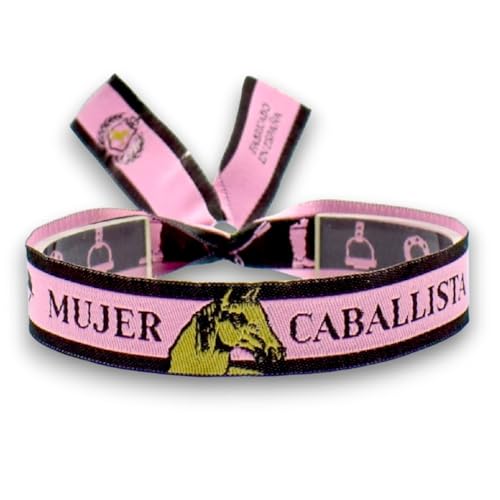 BDM Pulsera de mujer de tela rosa con el grabado 'Mujer caballista', y un caballo, ajustable a todas las medidas.