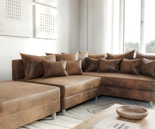 DELIFE Eckcouch Clovis Braun Antik Optik mit Hocker Ottomane Rechts Ecksofa Modular