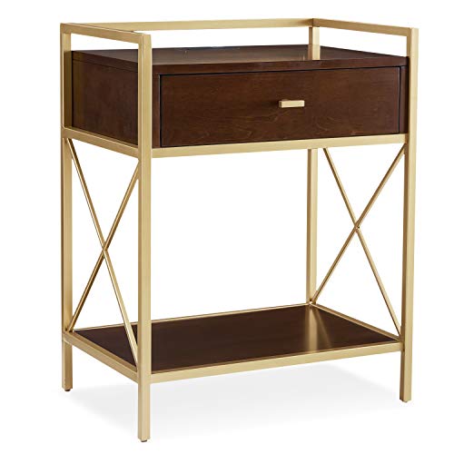 Image of Claudette Nightstand with USB-C Fast Charging Station, Solid Wood and Metal, Walnut Brown and Gold Side Table, Perfect for Bedrooms, Living Rooms, and Offices - Leick Home, 9069-WA