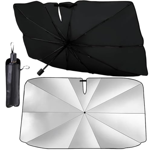 WENXUKHV Car Windshield Sun Shade Umbrella - 360 Foldable Windshield Sunshade for Front Window Reflective Heat Shield Keeps Car Cooler UV & Heat Protection with Leather Case for Cars SUVs Trucks