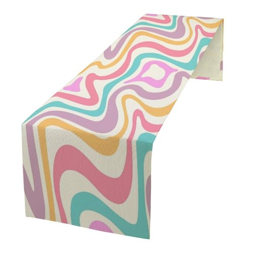 Retro Boho Groovy Table Runner Abstract Wavy Pastel Colored Lines Vintage Aesthetic 70S Swirl Dinner Runner for Farmhouse Country Home Kitchen Dining Table Party 13x60in