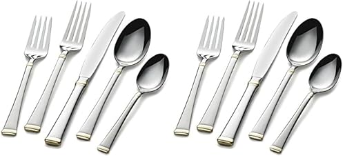 Image of Mikasa Harmony 65-Piece Flatware Set for 12, 18 /10 Stainless Steel Silverware with Gold Accent Handles, Service for 12 with Serving Utensils, Dishwasher Safe (Pack of 2)