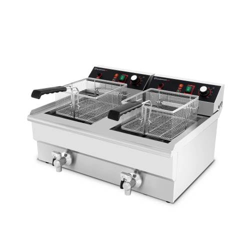 Freidora profesional de acero inoxidable, 2 x 10 L, con grifo - alta capacidad para patatas fritas y buñuelos - Snack, Restaurante, Catering - Equipementpro