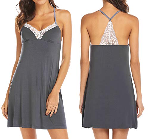 Ekouaer Women's Chemises Sexy Lingerie Lace Babydoll Full Slip Sleepwear Dress (Grey L)