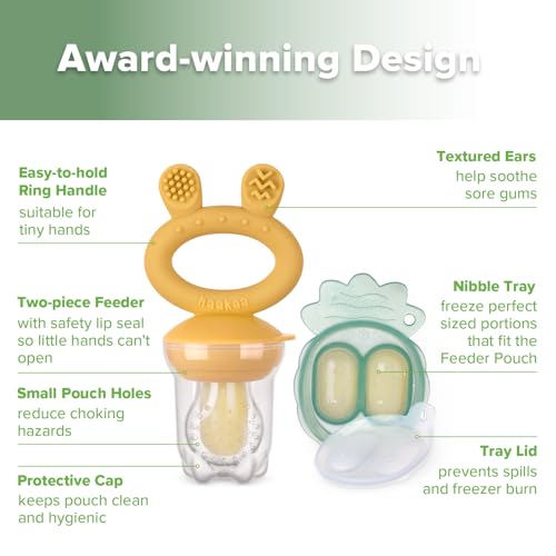 Haakaa Baby Fruit Food Feeder & Mini Freezer Nibble Tray Combo, Breastmilk Popsicle Molds for Baby Cooling Relief, BPA Free Silicone Feeder for Safe Infant Self Feeding, 4 Month+ (Mustard)