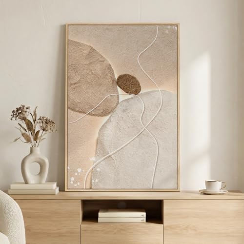 Large Framed Neutral Abstract Wall Art, Modern Beige Brown Canvas