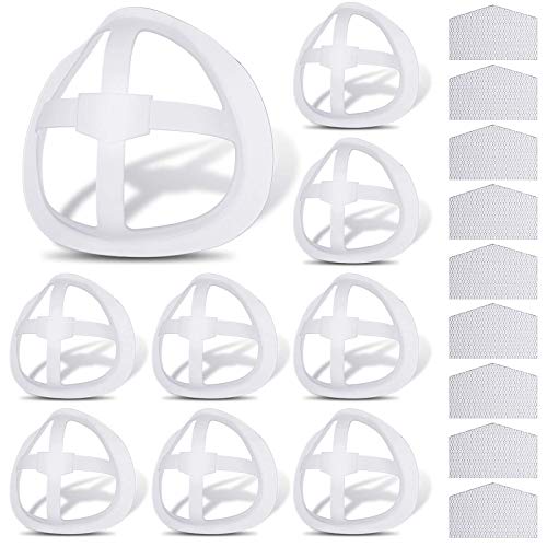 10 Pieces 3D Face Nose Mouth Bracket Nose Pads Lipstick Protection Bracket Internal Protective Support with 10 Pieces Hook and Loop for Nose and Mouth to Increase Breathing Space (White)
