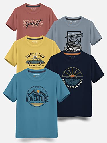 Image of HELLCAT Boys Round Neck Printed Blended Cotton Tshirt -Combo Pack of 2 - Orange /Blue