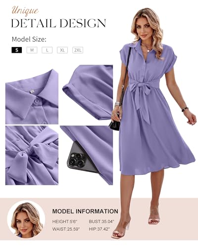 Image of ECOWISH Womens Casual Midi Dresses Solid V Neck Short Sleeve Button Shirt Belted Dress with Pockets for Spring Summer 2026