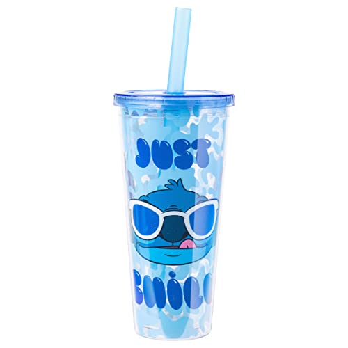 Image of Silver Buffalo Disney Lilo and Stitch Cool Sunglasses Just Chill Plastic Boba Tumbler with Lid and Straw, 24 Ounces