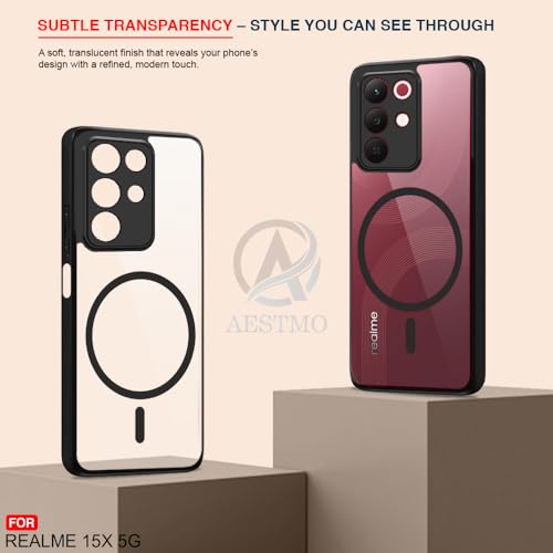 Image of AESTMO Realme 15X / C85 / Narzo 90X 5G Back Cover | 360 Protection | Crystal Clear Hard Back Transparent | Compatible with MagSafe Accessories (PC+TPU, Black Bumper)