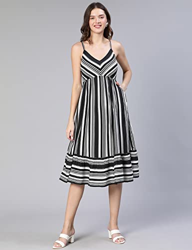 Image of oxolloxo Women Stripe Print Shoulder Strap Flared Dress
