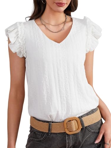 BEAUDRM Women's Casual Eyelet Embroidery Cap Sleeve V Neck Ruffle