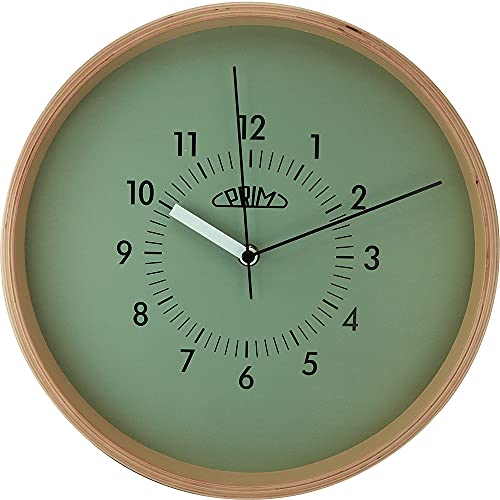 Prim Organic Retrospect-B - Reloj de Pared sin Ruido de tictac, de Madera, Color Verde, diseño silencioso Que no Molesta, Bonita decoración de Pared de Madera para Cualquier habitación