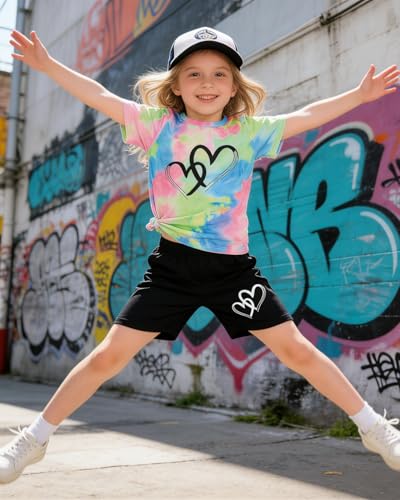Image of Kids Girl Clothes Tie Dye Heart Print Short Sleeve Top and Shorts Toddler Girl Summer Outfits Short Set