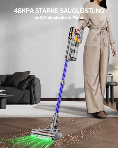 AOLOKO Akku Staubsauger für Hartböden und Teppiche - 48000Pa/550W/70Mins, 1,8L Staubbecher, Wandmontierte Ladestation, 8