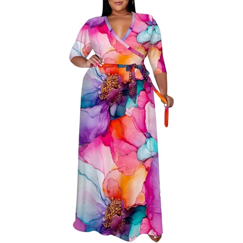 Image of SUZONANA Plus Size Maxi Dresses for Curcy Women Casual Loose 3 /4 Sleeve Long Dress with Belt