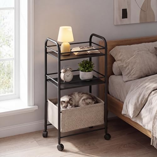 Image of YITAHOME bedside table with wheels, Trolley coffee table with Fabric Basket, Storage for Sofa Bedroom Living Room Office, Modern Style, Black