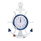 Alide Orologio con ancora in stile mediterraneo, orologi da esterno, orologio da parete con ancora nautica, volante di nave, rete da pesca, per decorazioni a tema spiaggia e mare