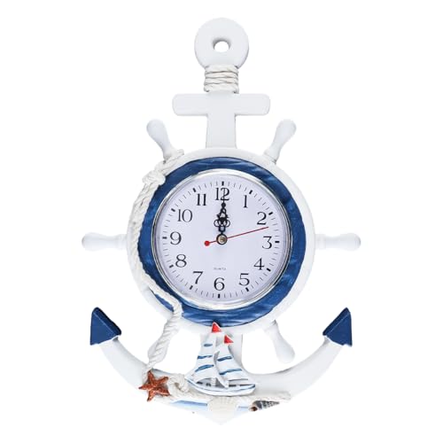 Alide Orologio con ancora in stile mediterraneo, orologi da esterno, orologio da parete con ancora nautica, volante di nave, rete da pesca, per decorazioni a tema spiaggia e mare