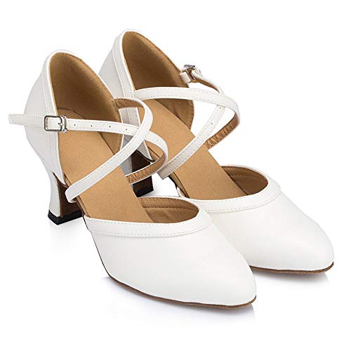 Women's Cross Strap Closed-Toe Buckle Ballroom Latin Dance Shoes Ladies White Dance Shoes Salsa Dancing Heels Wedding Ankle Strap Heels3