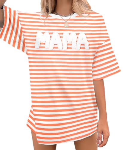 Image of KIDDAD Mama Shirts for Women: Oversized Mom Shirts Striped Mama Letter Printed T-Shirt Casual Graphic Tee Tops