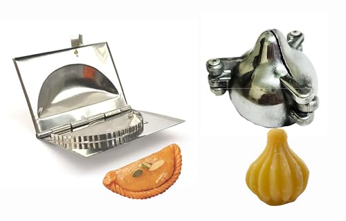 Ervio Modak Maker with Gujiya Maker – Stainless Steel Mould Set of 2 | Modak Mould for Steaming, Gujiya, Karanji, Dumplings & Momos | Easy Press Tool for Festival Sweets & Snacks