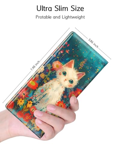 Image of Nipichsha Womens Wallet, RFID Slim Wallets for Women, Thin Ladies Credit Card Holder Purse, Cute Leather Bifold Clutch Billfold with 11 Card Slots & ID Window, Flowers Cat