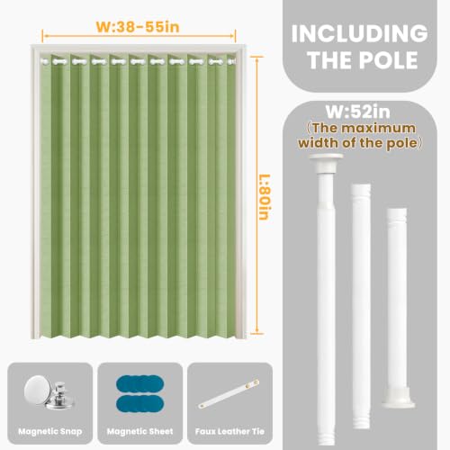 Image of AJAZZ Blackout Accordion Door with Curtain Rods Adjustable 28-52 inch Long, Invisible Folding Accordion Doors Interior Magnetic Door Curtain for Bedroom Doorway Curtain Set, 1 Pack, W52 x L80 in, Green