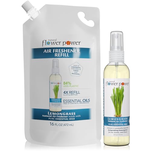 Natural Flower Power Air Freshener Spray Refills - Odor Eliminator w/Essential Oils - Home, Car & Fabric - Cruelty Free & Vegan – Lemongrass Spray 4 fl oz + Refill 16 fl oz Combo