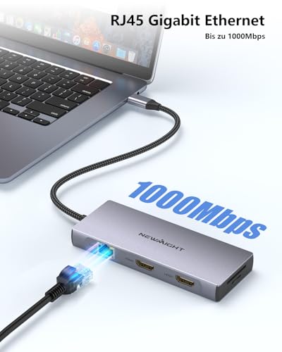 Laptop Docking Station Dual Monitor, Newmight Dual HDIM Adapter für 2 Monitore mit 2 HDIM 4K, 1 Gbps Ethernet, PD 100W Aufladen, 3 USB 3.0, SD/TF Reader, USB C Docking Station für HP/Dell