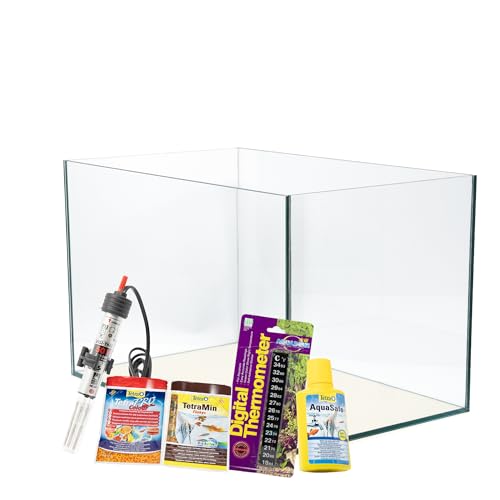 VIALIA Aquarium Set ohne Abdeckung weiß 60x30x30 cm, 54 Liter Glasbecken mit Starterset aus Heizer, Thermometer, Wasseraufbereiter und Fischfutter