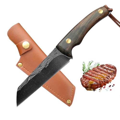 Fubinaty Small Chef Knife 4 Inch Japanese BBQ Knife Handmade Forged Kitchen Knives Full Tang High Carbon Steel with Sheath and Wooden Handle for Home and Outdoor Cooking