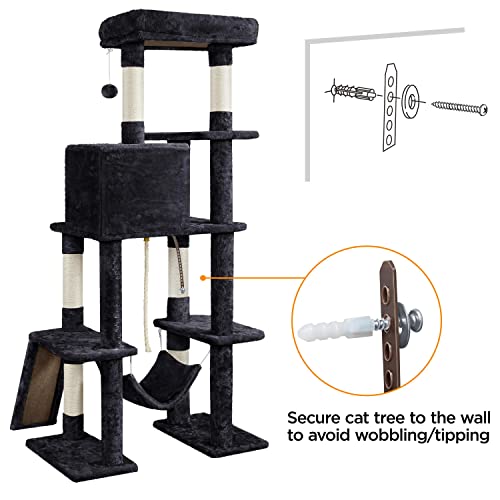 Image of Yaheetech 63in Sturdy Large Cat Tree for Indoor Heavy Cats, Tall Tower | Plush condo, hammock, sisal scratch posts, anti-wobble base, multi-pet friendly, easy assembly, scratch-resistant, black