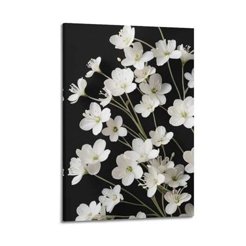 Décoration murale fleurs blanches tableau salon noir et blanc