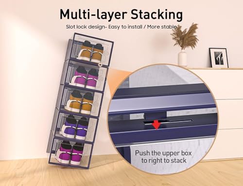 Kuject Large Shoe Organizers Storage Boxes for Closet 12 Pack, Clear Plastic Stackable Sneaker Containers Bins with Lids, Great Substitute for Shoe Rack, Space Saving for Entryway, Under Bed, Blue