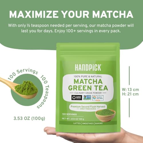 HANDPICK, Japanese Matcha Green Tea Powder (100g, 100 Servings) | Culinary Grade Powder | Authentic Premium Second Flush Harvest | Resealable Ziplock Pouch (Packing May Vary)