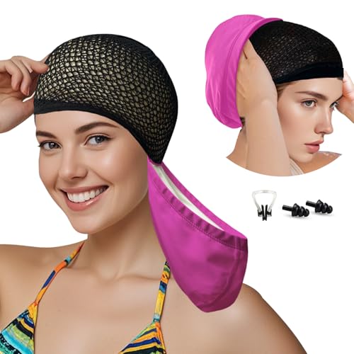 Lynllsh Womens Swim Cap for Long Hair PU Fabric Hairnet Swimming Caps for Women Men Adults Youths with Ear Plug and Nose Clip, Swim Hats Pool Caps to Protect Hair no Pulling (Purple, L)