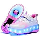 GIMKOUNN Girls Sneakers with Wheels Roller Shoes Retractable Footwear 2 Wheeled Skates USB Charge LED Light Up Shoes Tennis Sports Athletic for Little Kid Big Kid （Size 4.5 Big Kid,Pink）