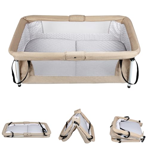 Belfoyer Cuna Colecho Bebé 2 en 1 con Colchón y Malla Antimosquitos, Cuna para Bebés Ajustable en Altura, de 0 a 36 Meses（90 * 70 * 50cm,Amarillo）