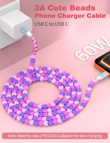 Image of USB C to USB C Cable 3FT,60W Fast Charging Beaded Charger Cord for iPhone 17 16 Pro Max 15 /iPad Pro 11th Air for Samsung S26 S25 S24 A16 A17 /Android Phone Charger Cute Girls Women,PurplePink-Hearts