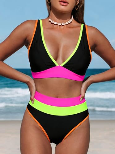 Image of Hilinker Women's Leopard Bikini Swimsuits V Neck High Waisted 2 Piece Bathing Suits