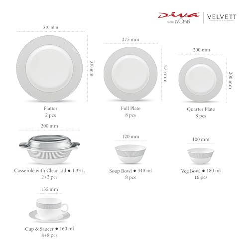 Image of La Opala Diva Velvett Collection Opal Glass Crockery | for Family of 8 | Dinner Set 62 pcs Imperial Grey | Plates & Bowls for Dining | Microwave Safe | 100% Vegetarian | Extra Strong | Light & White