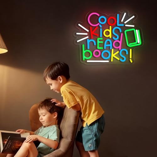 Image of Cool Kids Read Books Neon Sign Read Books and Be Kind Neon Signs for Wall Decor Book USB Dimmable LED Lights for Student Suitable for Classroom Bookstore Library Museum Study Room Gift for Teen Boys Girls Christmas