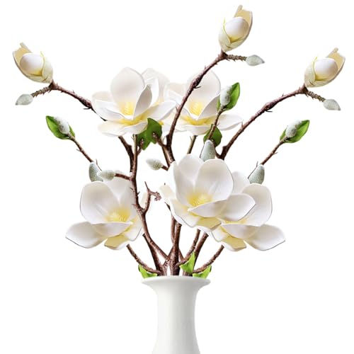 Magnolia Flowers Artificial 3PCS 20.1 Inch Bendable Faux Magnolia Stems Realistic Magnolia Branches for Tall Vase Home Office Wedding Party Table White Artificial Magnolia Flowers Faux Magnolia Stems