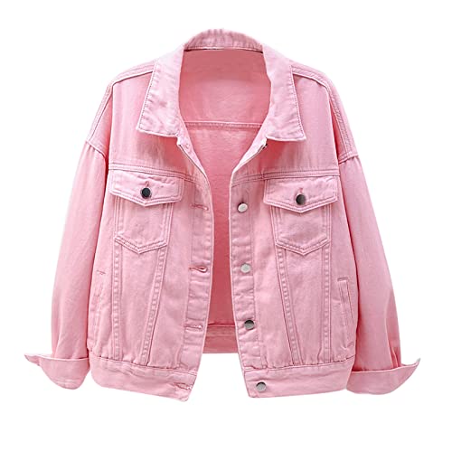 Saklifuo Veste décontractée en jean à manches longues pour femme Couleur unie, rose, XL