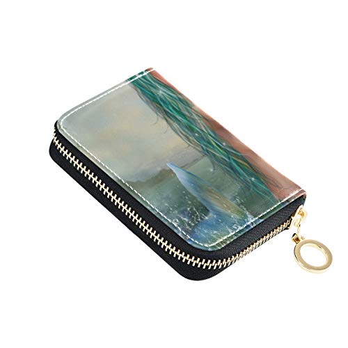 Preisvergleich Produktbild Brieftasche Kreditkarteninhaber Blaue Meerjungfrau Spielen Blumen Im Sonnenuntergang Mit Grünen Haaren Geschenkkarten Brieftasche Pu Leder Reißverschluss Kompakte Größe Mann Karte Brieftasche Für Fra